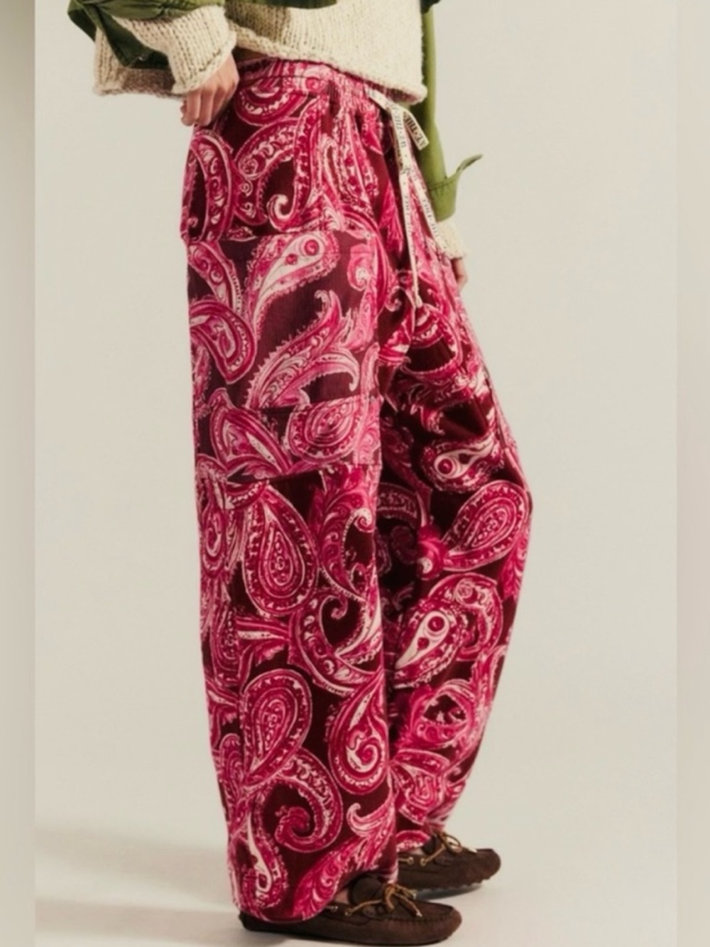 NWT Free People x We The Free Red Paisley Printed Jet Set Wide-Leg Knit Pants